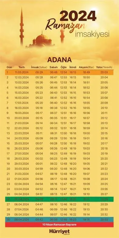 Adana 2024 Ramazan İmsakiyesi..